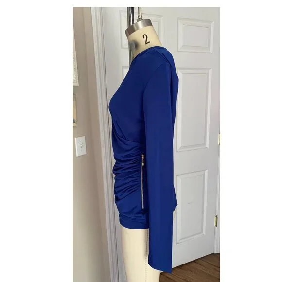 CARMEN Marc Valvo INDIGO Slinky Ruched Zip Side Mock Wrap Blouse Shirt *SMALL* - Picture 3 of 6